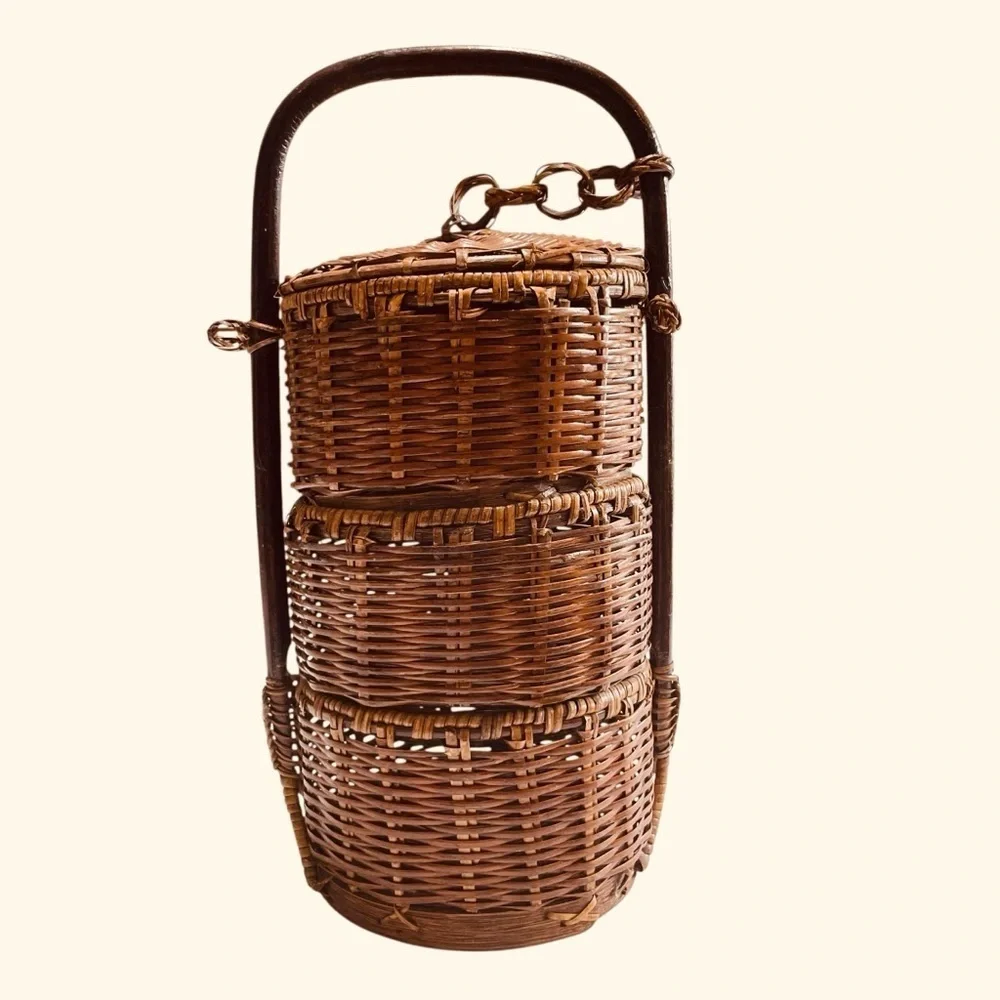 VTG Rattan Chinoiserie 3 Tier Basket with Handle | Rustic Wedding Sewing Basket